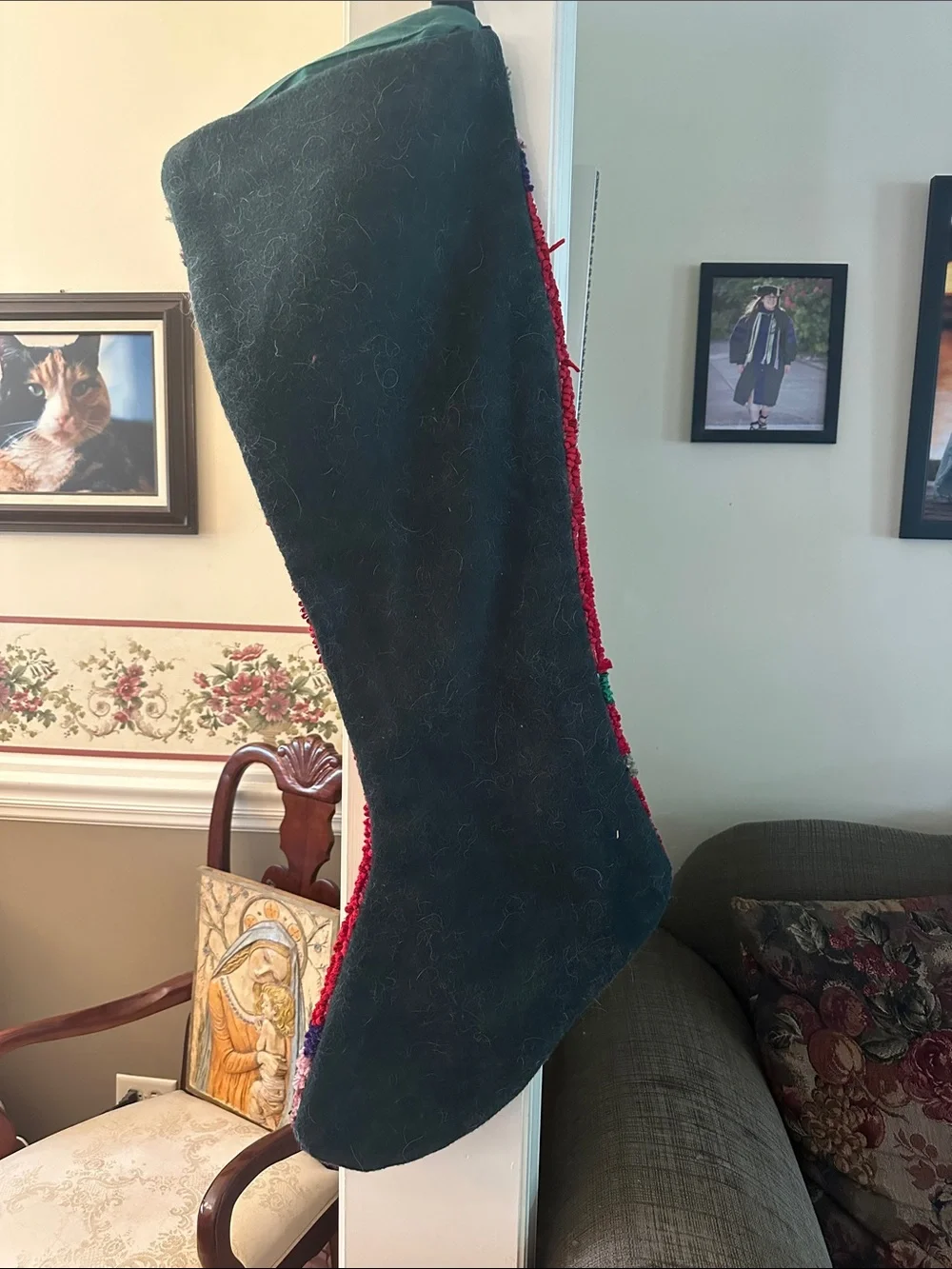 Beautiful vintage 36” wool and cotton handmade needlework snowman, star stocking